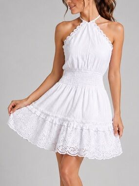 🆕🥥 And Now This White Eyelet Cotton Smocked Halter Mini Dress L Boho Party